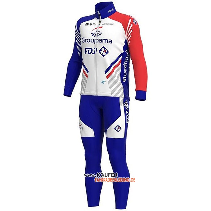 Groupama-FDJ Langarmtrikot 2020 und Lange Tragerhose Wei Tief Blau Rot